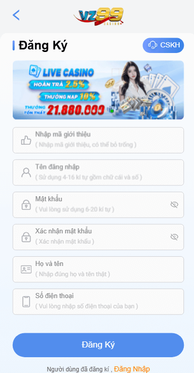 Đăng ký VZ99 trên di động thông minh