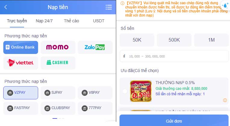 Hướng dẫn làm đơn nạp tiền VZ99