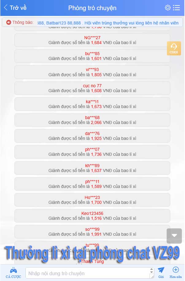 Thưởng lì xì từ phòng chat VZ99